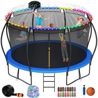 Kumix Trampoline 14FT, 1400LBS Trampoline with Enclosure, Basketball Hoop, Light, Sprinkler, Socks, Outdoor Heavy Duty Galvanized Full Spray Round Trampoline for Adults/Kids