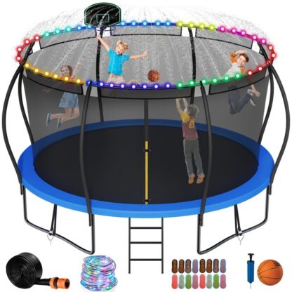 Kumix Trampoline 14FT, 1400LBS Trampoline with Enclosure, Basketball Hoop, Light, Sprinkler, Socks, Outdoor Heavy Duty Galvanized Full Spray Round Trampoline for Adults/Kids