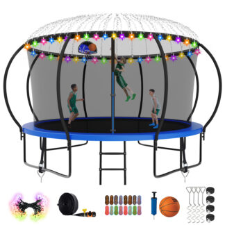 Kumix Trampoline for Adults and Kids, 12FT 14FT Trampoline with Enclosure, Basketball Hoop, Star Light, Sprinkler, Socks, Wind Stakes, Outdoor Heavy Duty Galvanized Full Spray Trampoline, Blue