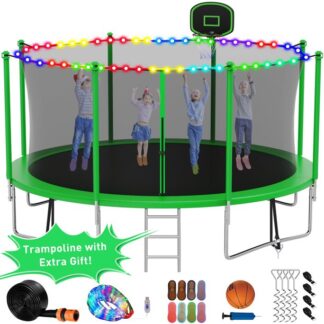 Kumix Trampoline with Enclosure Net for Kids Adults, 1400LBS 14FT Trampolines with Basketball Hoop, Ladder, Christmas Lights, Sprinkler, Socks, Outdoor Heavy Duty Round Trampoline