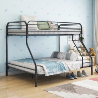 Kumix Bunk Bed Twin over Full, Metal Bunk Bed with Enhanced Full-Length Guardrails, 20 Sturdy Slats, Ladder, Toddler Bunk Beds for Dormitory Bedroom, Heavy Duty Twin over Full Bunk Bed for Kids, Black