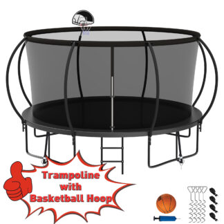 Kumix Trampoline with Enclosure for Kids Adults, 1200LBS 12FT Trampolines with Basketball Hoop, Ladder, Wind Stakes, Outdoor Heavy Duty Galvanized Full Spray Round Trampoline, Black