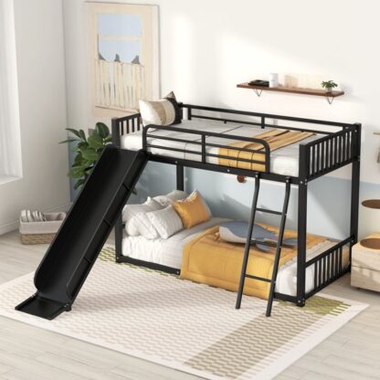 Kumix Metal Bunk Bed with Slide, Twin over Twin, Black