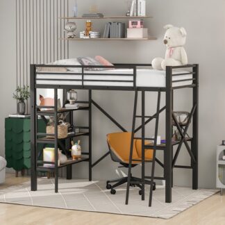 Kumix Loft Bed Twin, Metal Loft Bed with Desk, 3 Shelves, Full Length Guardrail and Ladder, Twin Loft Bed for Kids, Toddler Loft Bed, Space-Saving, Black