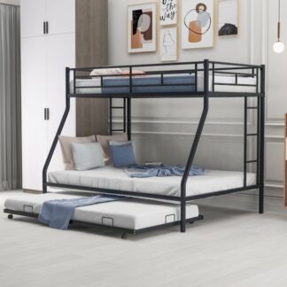 Kumix Bunk Bed, Twin over Full Bunk Bed for Kids Adults, Metal Bunk Bed with Trundle, 61 Sturdy Slats, Two-Side Ladders & Full-Length Guardrails, Toddler Bunk Beds for Dormitory Bedroom, Black