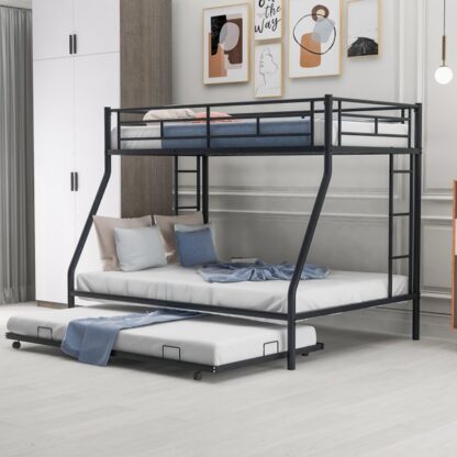 Kumix Bunk Bed, Twin over Full Bunk Bed for Kids Adults, Metal Bunk Bed with Trundle, 61 Sturdy Slats, Two-Side Ladders & Full-Length Guardrails, Toddler Bunk Beds for Dormitory Bedroom, Black
