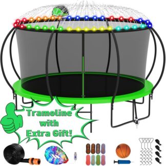 Kumix 14FT Trampoline with Enclosure, 1400LBS Trampoline for Adults/Kids, Trampoline with Basketball Hoop, Light, Sprinkler, Socks, Outdoor Heavy Duty Galvanized Full Spray Round Trampoline for Family