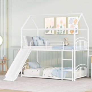 Kumix Twin Over Twin Metal Bunk Bed With Slide,Kids House Bed White