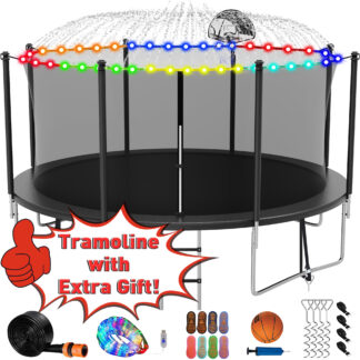 Kumix Trampoline with Enclosure for Kids Adults, 1400LBS 14FT Trampolines with Basketball Hoop, Ladder, Christmas Lights, Sprinkler, Socks, Outdoor Heavy Duty Round Trampoline