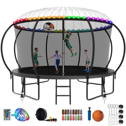 Kumix Trampoline, 12 14 15 16FT Trampoline for Adults/Kids, Trampoline with Basketball Hoop, Light, Sprinkler, Socks, Wind Stakes, Outdoor Heavy Duty Galvanized Full Spray Round Trampoline for Family