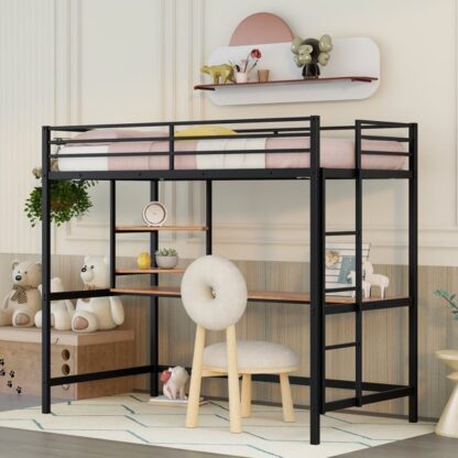 Kumix Loft Bed Twin, Metal Loft Bed with Desk, 2 Shelves, Full Length Guardrail and Ladder, Twin Loft Bed for Kids, Toddler Loft Bed, Space-Saving, Black