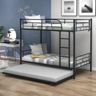 Kumix Bunk Bed, Twin over Twin Bunk Bed with Trundle, Metal Bunk Bed with Full-Length Guardrails and Ladder for Kids Toddlers Adults, Can be Split into 2 Beds, No Noise, Black