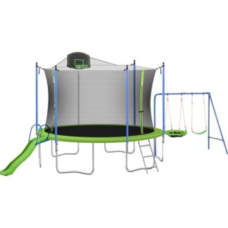 Kumix 12FT 14FT Trampoline with Swing and Slide, Trampoline for Adults Kids with Enclosure Net, Basketball Hoop, 1200LBS Capacity for 7-8 Kids Outdoor Recreational Trampolines for Backyard