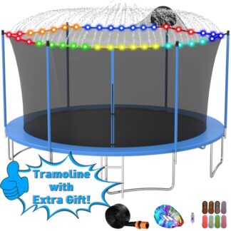 Kumix Trampoline with Enclosure, 1000LBS 14FT Trampoline for Kids Adults with Basketball Hoop, Ladder, Lights, Sprinkler and Socks, Outdoor Heavy Duty Round Trampoline for Family