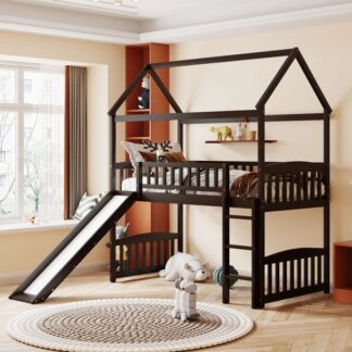 Kumix Loft Bed Twin, Loft Bed with Slide for Kids Bedroom, House Shaped Solid Wood Loft Bed with Full-Length Guardrail, Ladder, No Box Spring Need & Space Saving Design, Espresso