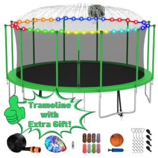 Kumix Trampoline with Enclosure Net for Kids Adults, 1500LBS 16FT Trampolines with Basketball Hoop, Ladder, LED Lights, Sprinkler, Socks, Outdoor Heavy Duty Round Trampoline