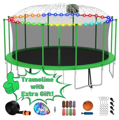 Kumix Trampoline with Enclosure Net for Kids Adults, 1500LBS 16FT Trampolines with Basketball Hoop, Ladder, LED Lights, Sprinkler, Socks, Outdoor Heavy Duty Round Trampoline