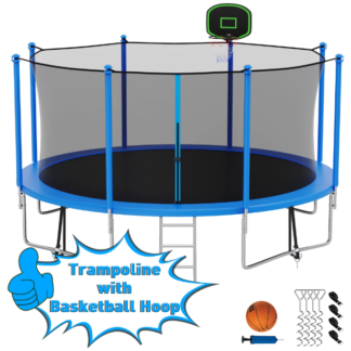 Kumix 12FT 14FT Trampoline for Kids Adults, Trampoline with Enclosure, Basketball Hoop, Stakes and Ladder, 1200LBS No-Gap Design Heavy-Duty Outdoor Trampoline