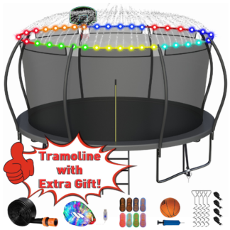 Kumix 14FT Trampoline with Enclosure, 1400LBS Trampoline for Adults/Kids, Trampoline with Basketball Hoop, Light, Sprinkler, Socks, Outdoor Heavy Duty Galvanized Full Spray Round Trampoline for Family 2