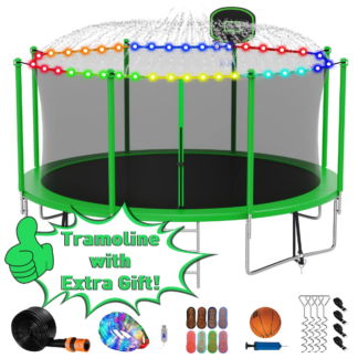 Kumix Trampoline with Enclosure, 1200LBS 12FT Trampoline for Kids Adults, Trampoline with Basketball Hoop, Ladder, Lights, Sprinkler and Socks, Outdoor Heavy Duty Trampoline for Family
