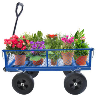 Kumix Garden Cart, Foldable Wagon Cart with 10'' Solid Tires, 550LBS Capacity, Utility Wagon with Mesh Metal Frame & Removable Sides, Garden Cart and Wagon, Heavy Duty Metal Wagons for Yard, Blue