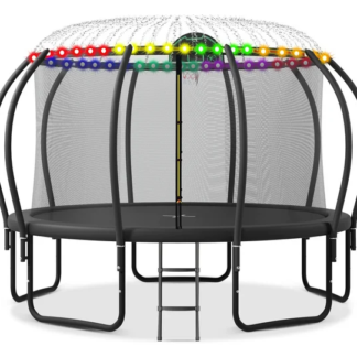 Kumix Trampoline 12 14 15 16FT for Adults/Kids, 1000LBS Trampoline with Enclosure, Basketball Hoop, Shoes Bags, Outdoor Heavy Duty Trampoline with Curve Pole, Galvanized Full Spray Round Trampoline