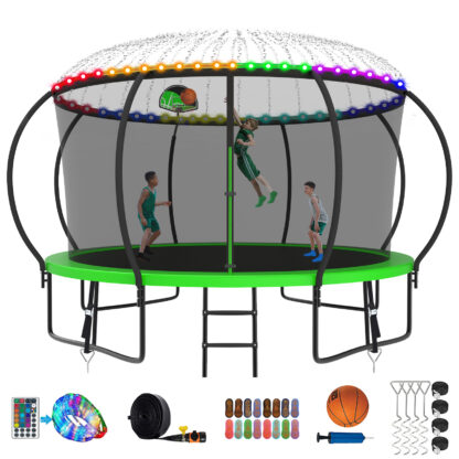 Kumix Trampoline for Adults and 5-6 Kids, 12FT 14FT Trampoline w Enclosure, Basketball Hoop, Light, Sprinkler, Socks, Wind Stakes, 1200LBS Outdoor Heavy Duty Galvanized Full Spray Trampoline, Green