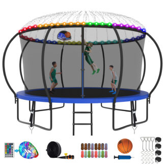 Kumix Trampoline for Adults and 5-6 Kids, 12FT 14FT Trampoline w Enclosure, Basketball Hoop, Light, Sprinkler, Socks, Wind Stakes, 1200LBS Outdoor Heavy Duty Galvanized Full Spray Trampoline, Blue