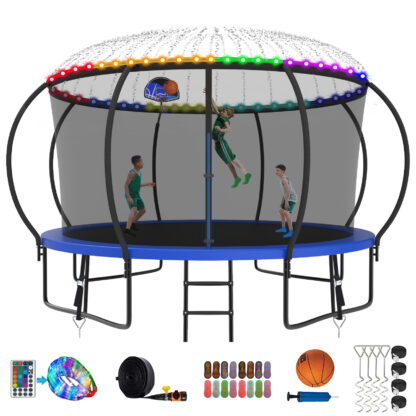 Kumix Trampoline for Adults and 5-6 Kids, 12FT 14FT Trampoline w Enclosure, Basketball Hoop, Light, Sprinkler, Socks, Wind Stakes, 1200LBS Outdoor Heavy Duty Galvanized Full Spray Trampoline, Blue