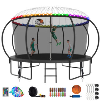 Kumix Trampoline for Adults and 5-6 Kids, 12FT 14FT Trampoline w Enclosure, Basketball Hoop, Light, Sprinkler, Socks, Wind Stakes, 1200LBS Outdoor Heavy Duty Galvanized Full Spray Trampoline, Black