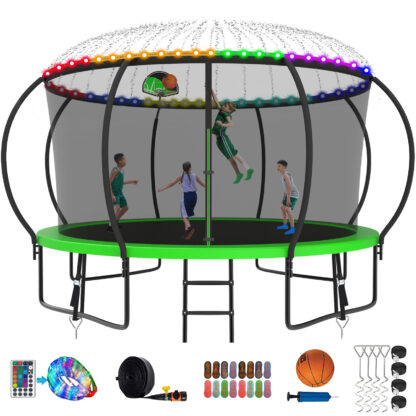 Kumix Trampoline for Adults and 7-8 Kids, 14FT Trampoline with Enclosure, Basketball Hoop, Light, Sprinkler, Socks, Wind Stakes, 1400LBS Outdoor Heavy Duty Galvanized Full Spray Trampoline, Green