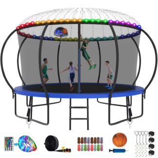Kumix Trampoline for Adults and 7-8 Kids, 14FT Trampoline with Enclosure, Basketball Hoop, Light, Sprinkler, Socks, Wind Stakes, 1400LBS Outdoor Heavy Duty Galvanized Full Spray Trampoline, Blue