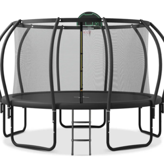 Kumix Trampoline 14FT for Adults and 5-6Kids, 1000LBS Trampoline with Enclosure, Basketball Hoop, Shoes Bags, Outdoor Heavy Duty Trampoline with Curve Pole, Galvanized Full Spray Round Trampoline
