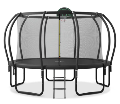 Kumix Trampoline 14FT for Adults and 5-6Kids, 1000LBS Trampoline with Enclosure, Basketball Hoop, Shoes Bags, Outdoor Heavy Duty Trampoline with Curve Pole, Galvanized Full Spray Round Trampoline