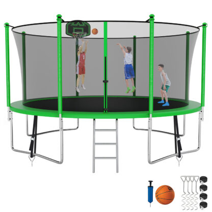 Kumix Trampoline with Enclosure, 1200LBS 12FT Trampoline for Kids Adults, Trampoline with Basketball Hoop, Ladder, Wind Stake, Recreational Outdoor Heavy Duty Trampoline for Family
