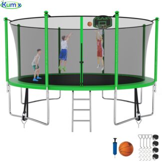 Kumix Trampoline 1200LBS 14 12 FT Trampoline for 5-6 Kids and Adults, Windproof Outdoor Trampoline with Enclosure Net, Basketball Hoop, Easy to Install & Last Long