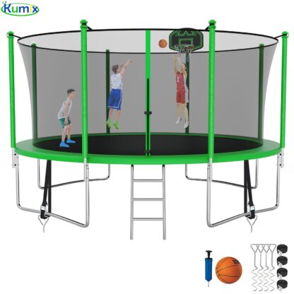 Kumix Trampoline 1200LBS 14 12 FT Trampoline for 5-6 Kids and Adults, Windproof Outdoor Trampoline with Enclosure Net, Basketball Hoop, Easy to Install & Last Long