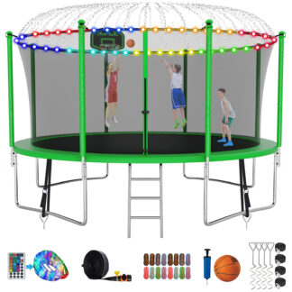 Kumix Trampoline with Enclosure, 1200LBS 12FT Trampoline for Kids Adults, Trampoline with Basketball Hoop, Ladder, Lights, Sprinkler and Socks, Outdoor Heavy Duty Trampoline for Family