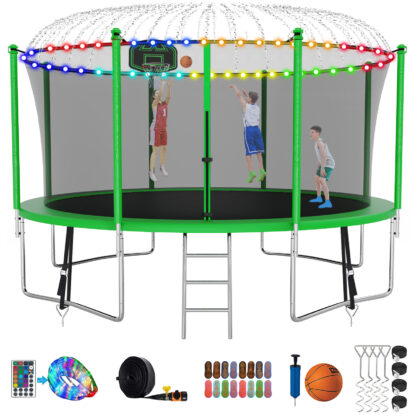 Kumix Trampoline with Enclosure, 1200LBS 12FT Trampoline for Kids Adults, Trampoline with Basketball Hoop, Ladder, Lights, Sprinkler and Socks, Outdoor Heavy Duty Trampoline for Family