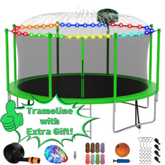 Kumix Trampoline with Enclosure Net for Kids Adults, 1200LBS 12FT Trampolines with Basketball Hoop, Ladder, LED Lights, Sprinkler, Socks, Outdoor Heavy Duty Round Trampoline