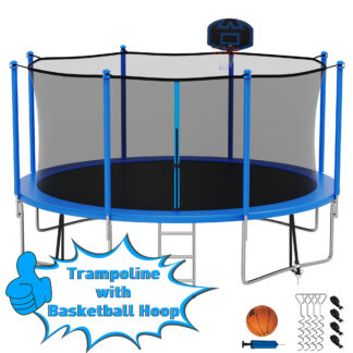 Kumix Trampoline with Enclosure Net for Kids Adults, 1200LBS 12FT Recreational Trampolines with Basketball Hoop, Ladder, Wind Stake, Outdoor Heavy Duty Round Trampoline for Family