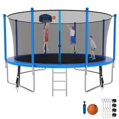 Kumix Trampoline with Enclosure, 1200LBS 12FT Trampoline for Kids Adults, Trampoline with Basketball Hoop, Ladder, Wind Stake, Recreational Outdoor Heavy Duty Trampoline for Family