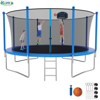 Kumix Trampoline 1200LBS 14 12 FT Trampoline for 5-6 Kids and Adults, Windproof Outdoor Trampoline with Enclosure Net, Basketball Hoop, Easy to Install & Last Long