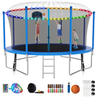 Kumix Trampoline with Enclosure, 1200LBS 12FT Trampoline for Kids Adults, Trampoline with Basketball Hoop, Ladder, Lights, Sprinkler and Socks, Outdoor Heavy Duty Trampoline for Family