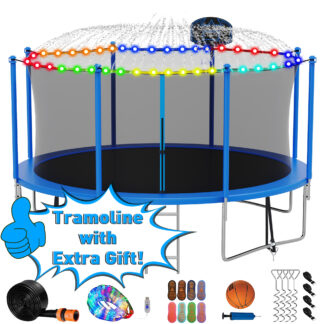 Kumix Trampoline with Enclosure Net for Kids Adults, 1200LBS 12FT Trampolines with Basketball Hoop, Ladder, Christmas Lights, Sprinkler, Socks, Outdoor Heavy Duty Round Trampoline