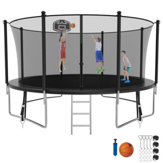 Kumix Trampoline with Enclosure, 1200LBS 12FT Trampoline for Kids Adults, Trampoline with Basketball Hoop, Ladder, Wind Stake, Recreational Outdoor Heavy Duty Trampoline for Family