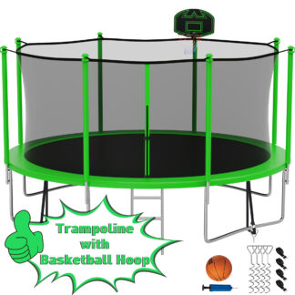 Kumix Trampoline with Enclosure Net for Kids Adults, 1400LBS 14FT Recreational Trampolines with Basketball Hoop, Ladder, Wind Stake, Outdoor Heavy Duty Round Trampoline for Family