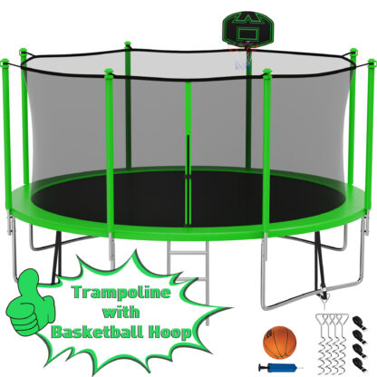 Kumix Trampoline with Enclosure Net for Kids Adults, 1400LBS 14FT Recreational Trampolines with Basketball Hoop, Ladder, Wind Stake, Outdoor Heavy Duty Round Trampoline for Family