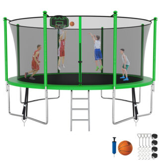 Kumix Trampoline with Enclosure, 1400LBS 14FT Trampoline for Kids Adults, Trampoline with Basketball Hoop, Ladder, Wind Stake, Recreational Outdoor Heavy Duty Trampoline for Family