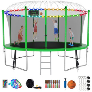 Kumix Trampoline with Enclosure, 1400LBS 14FT Trampoline for Kids Adults, Trampoline with Basketball Hoop, Ladder, Lights, Sprinkler and Socks, Outdoor Heavy Duty Trampoline for Family